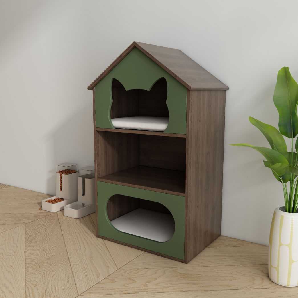 Green & Wood Cat House with Dual Hideaways & Open Shelf