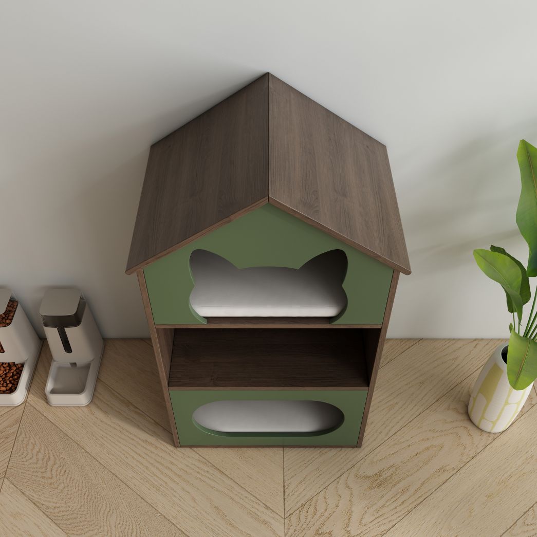 Green & Wood Cat House with Dual Hideaways & Open Shelf