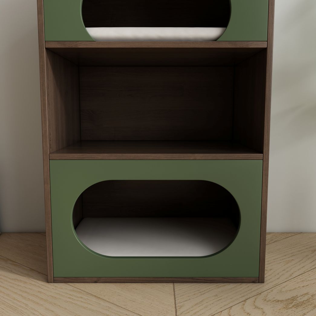 Green & Wood Cat House with Dual Hideaways & Open Shelf
