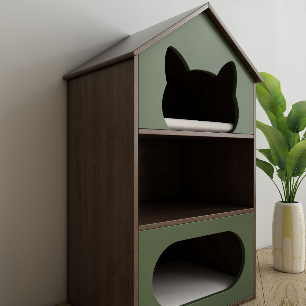 Green & Wood Cat House with Dual Hideaways & Open Shelf