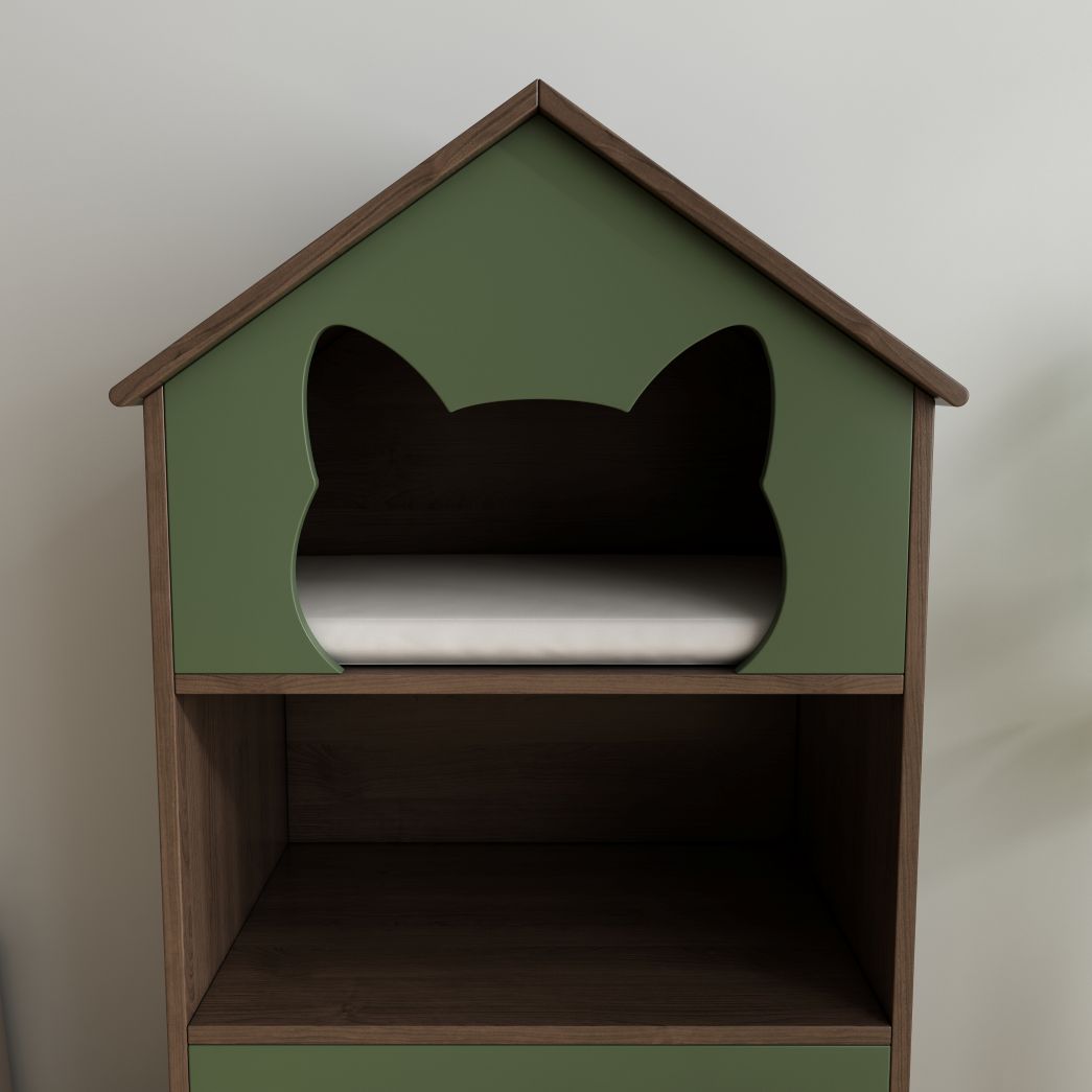 Green & Wood Cat House with Dual Hideaways & Open Shelf