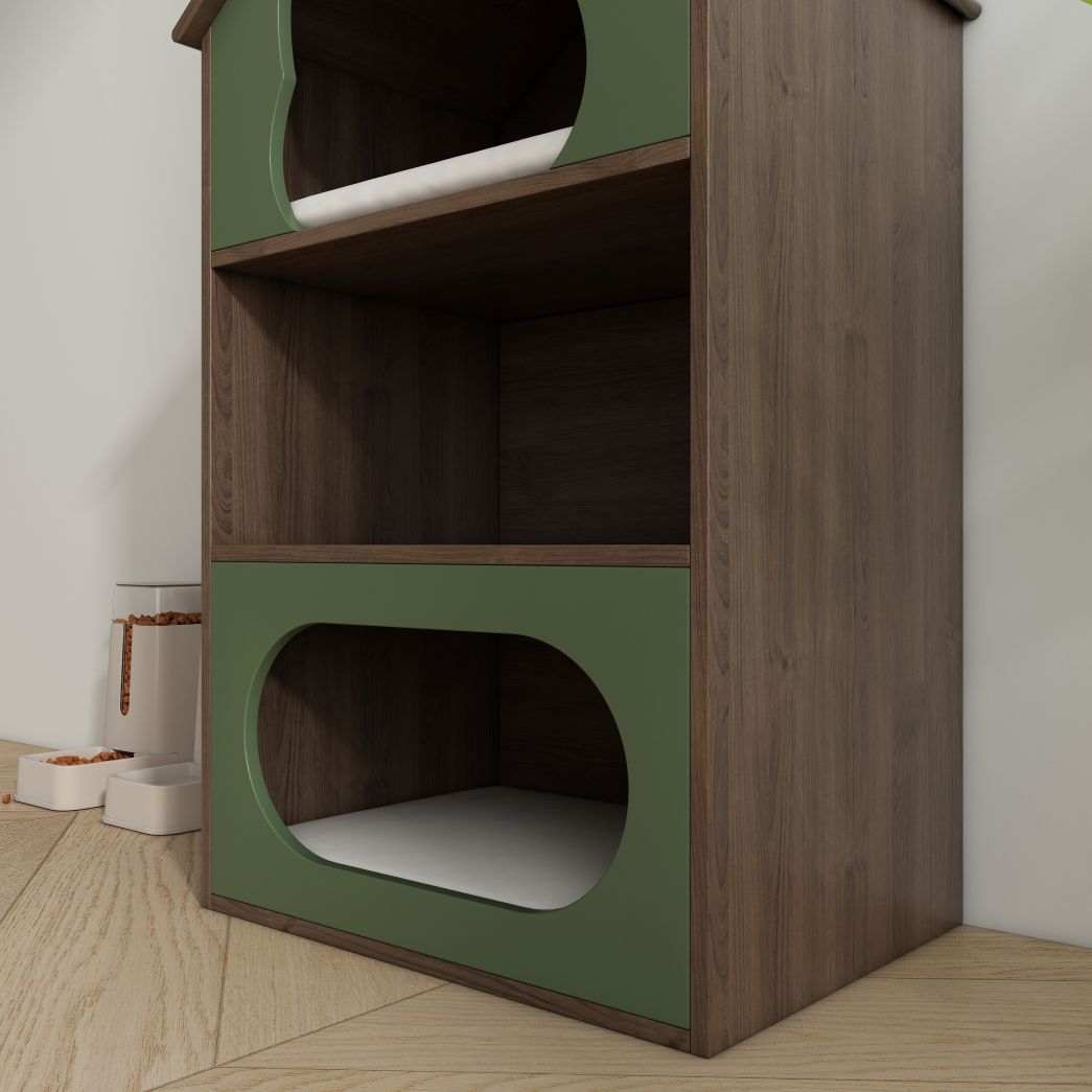 Green & Wood Cat House with Dual Hideaways & Open Shelf