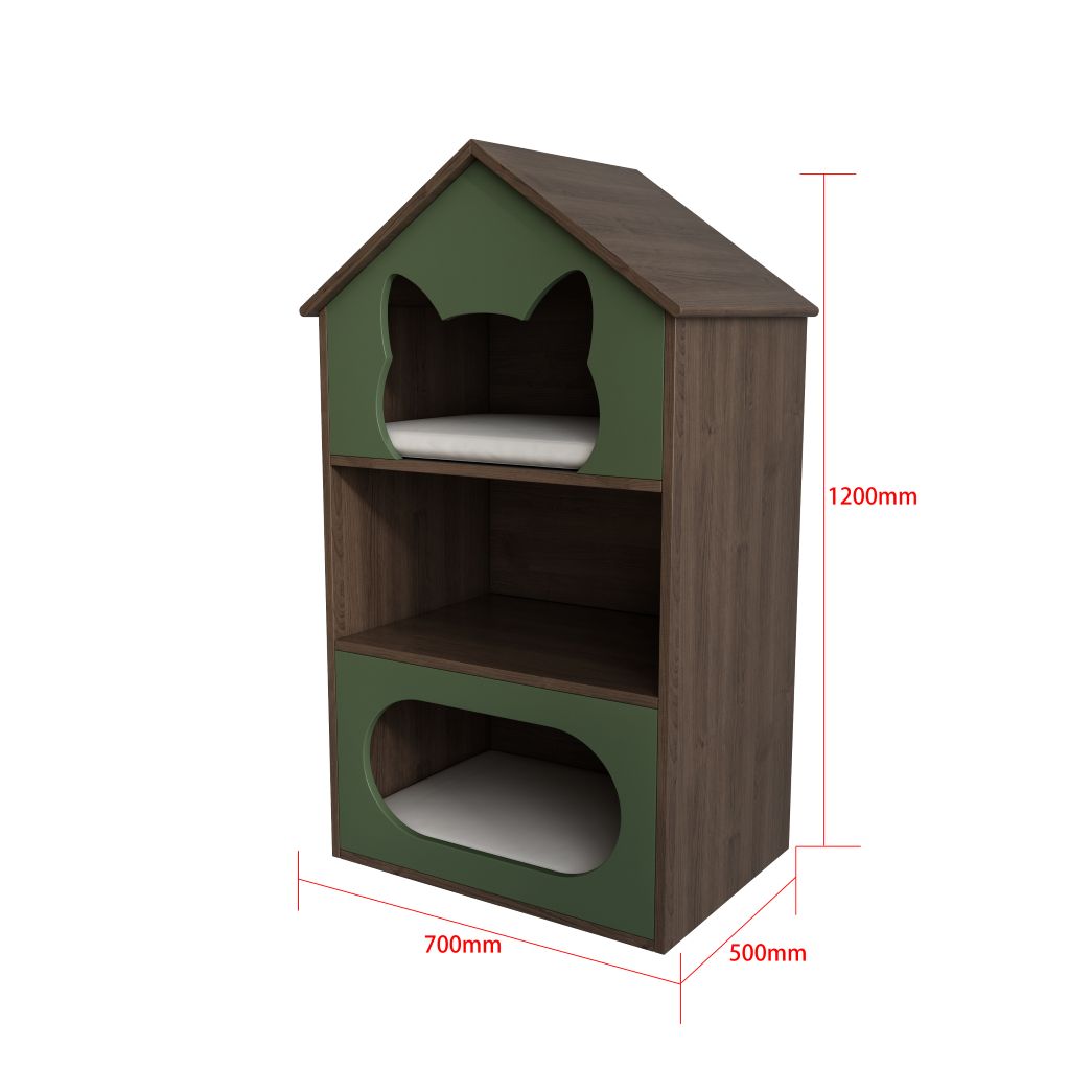 Green & Wood Cat House with Dual Hideaways & Open Shelf