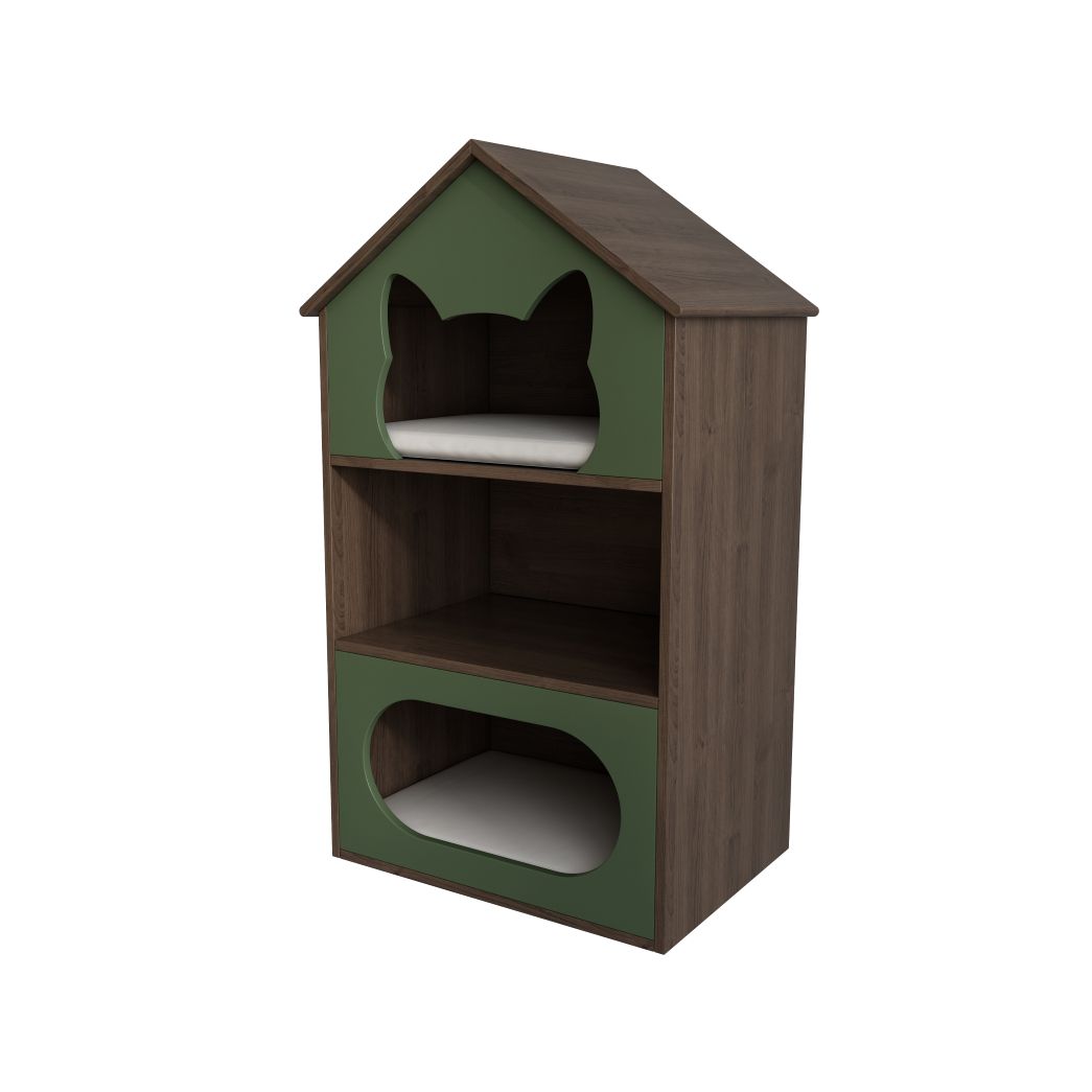 Green & Wood Cat House with Dual Hideaways & Open Shelf