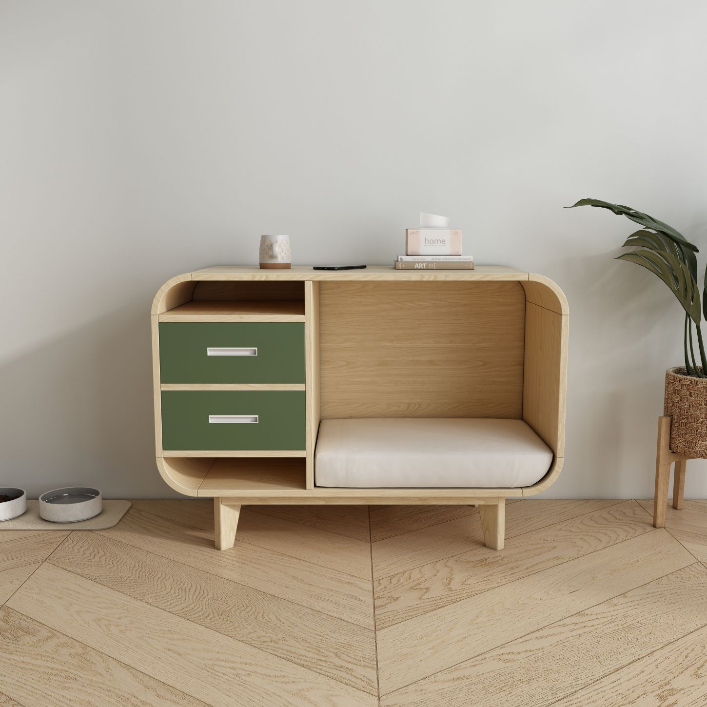 Dual-Use Wooden Pet Bed Sideboard with Storage Drawers & Cushion