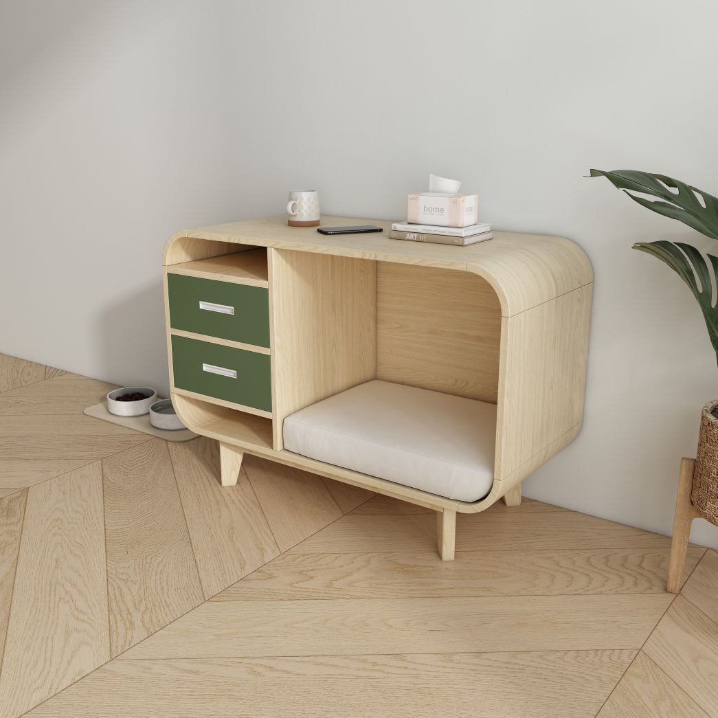 Dual-Use Wooden Pet Bed Sideboard with Storage Drawers & Cushion