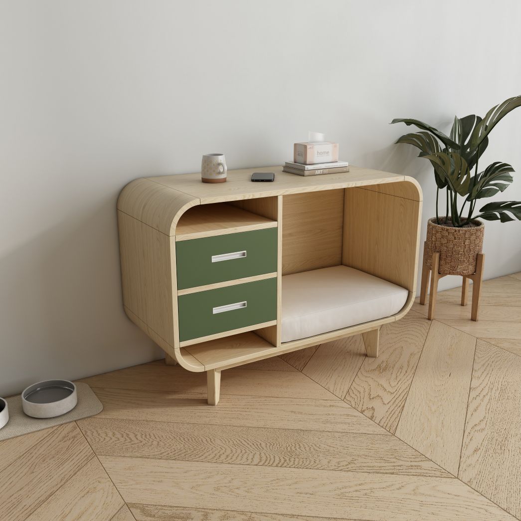 Dual-Use Wooden Pet Bed Sideboard with Storage Drawers & Cushion