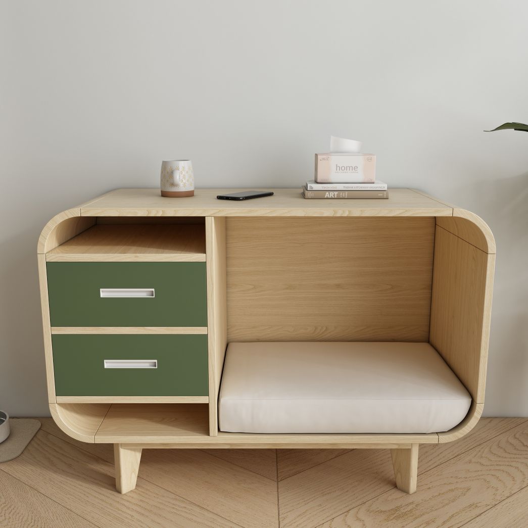 Dual-Use Wooden Pet Bed Sideboard with Storage Drawers & Cushion