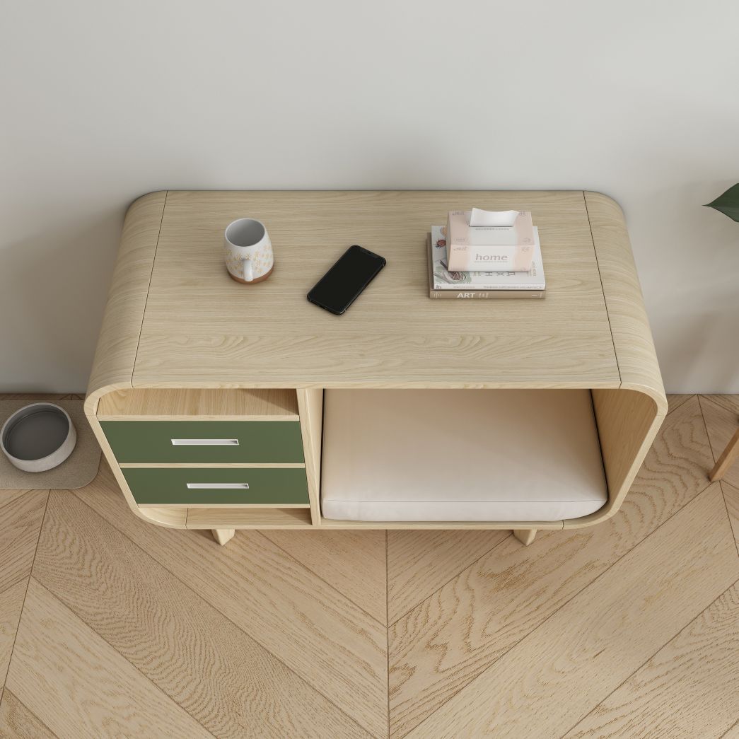 Dual-Use Wooden Pet Bed Sideboard with Storage Drawers & Cushion