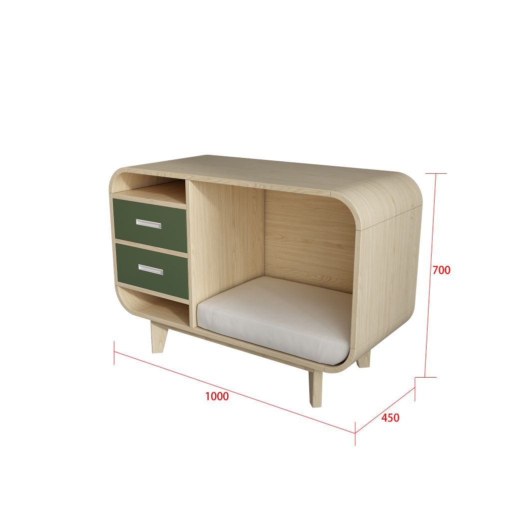 Dual-Use Wooden Pet Bed Sideboard with Storage Drawers & Cushion