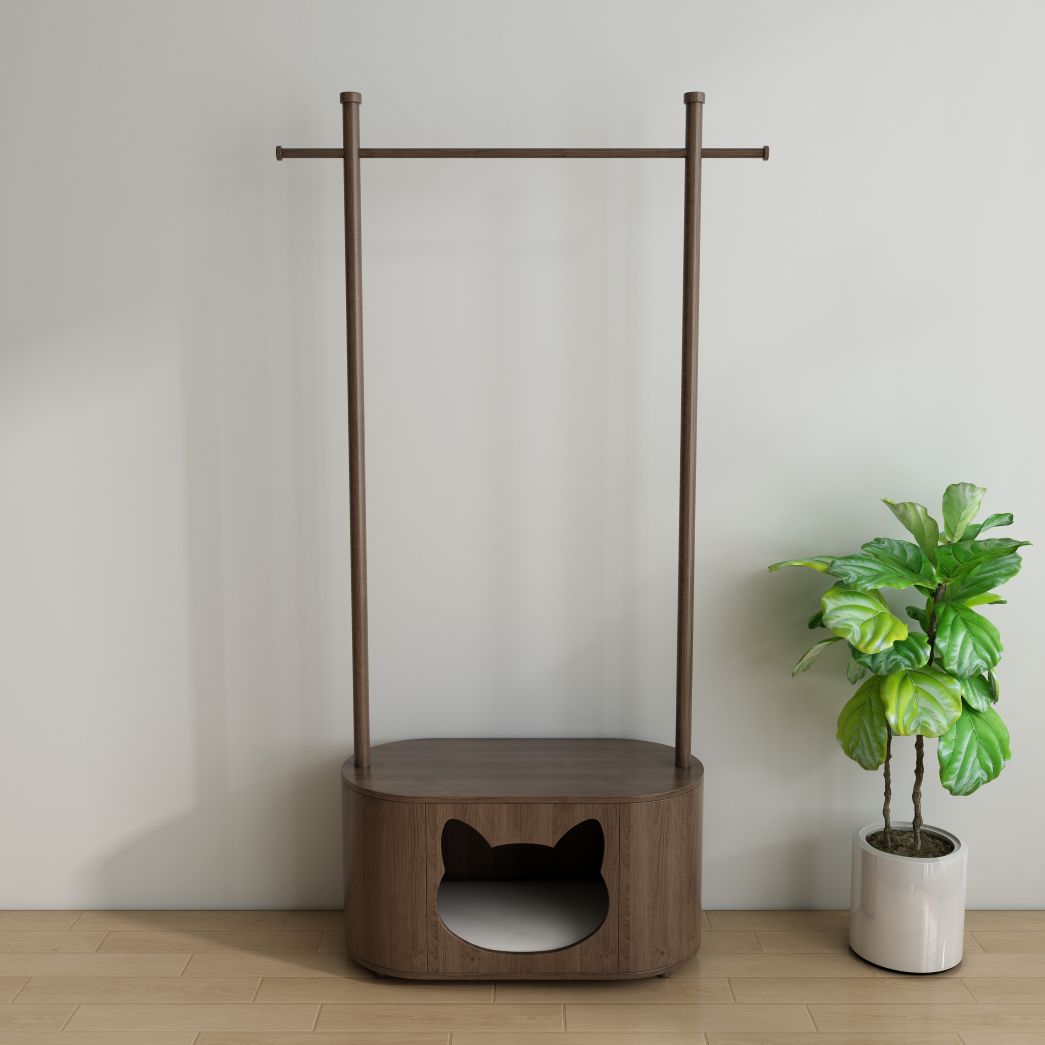 Walnut Cat Bed Coat Rack Combo with Cat-Sha ped Hideaway & Storage