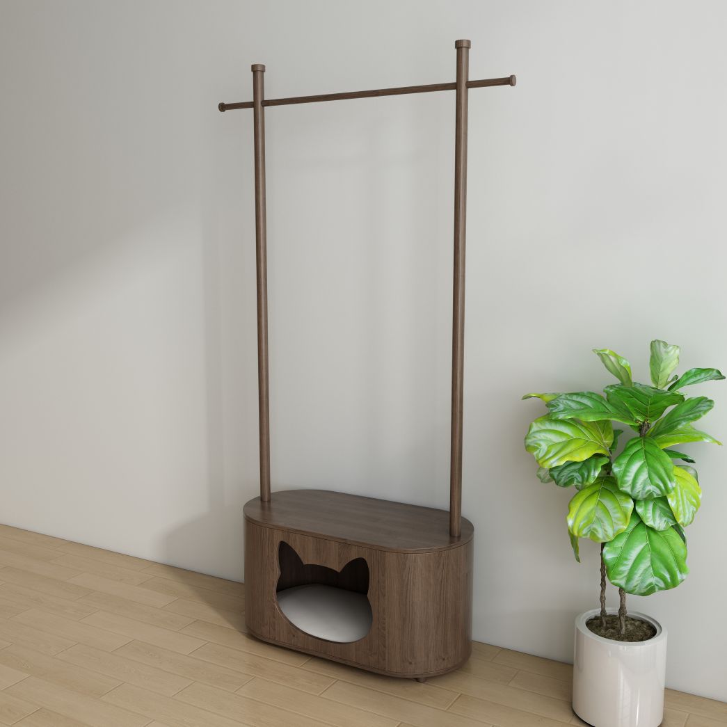 Walnut Cat Bed Coat Rack Combo with Cat-Sha ped Hideaway & Storage