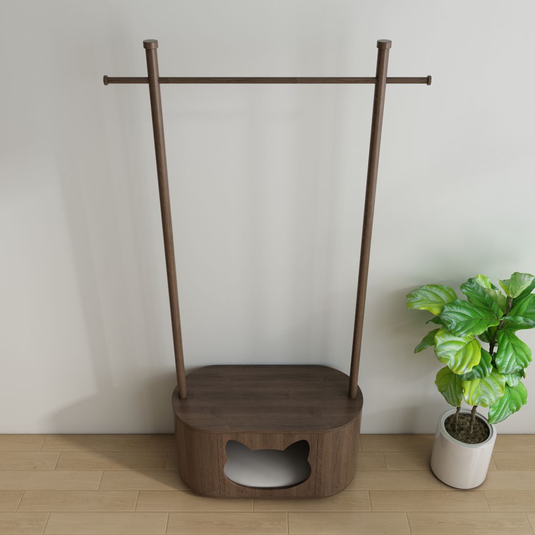 Walnut Cat Bed Coat Rack Combo with Cat-Sha ped Hideaway & Storage