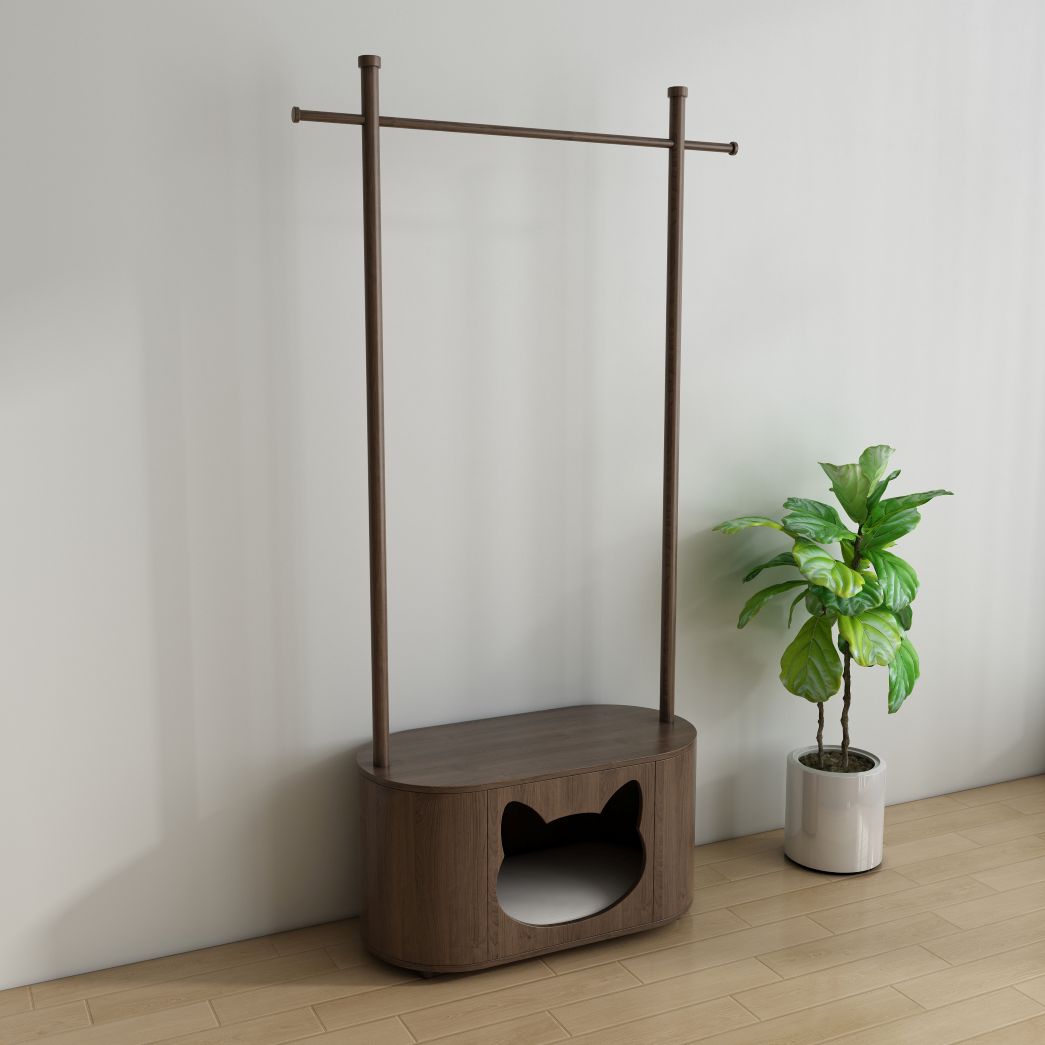 Walnut Cat Bed Coat Rack Combo with Cat-Sha ped Hideaway & Storage