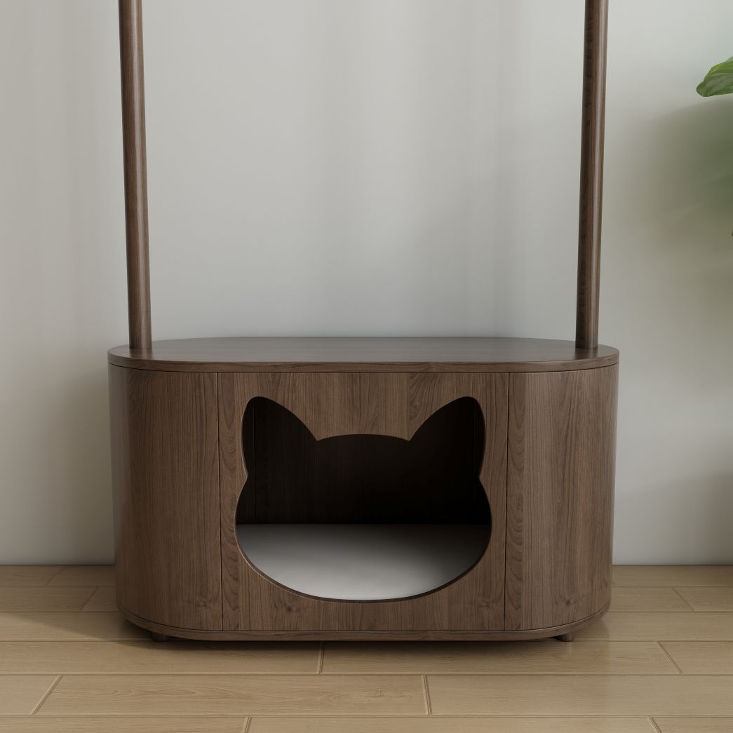 Walnut Cat Bed Coat Rack Combo with Cat-Sha ped Hideaway & Storage