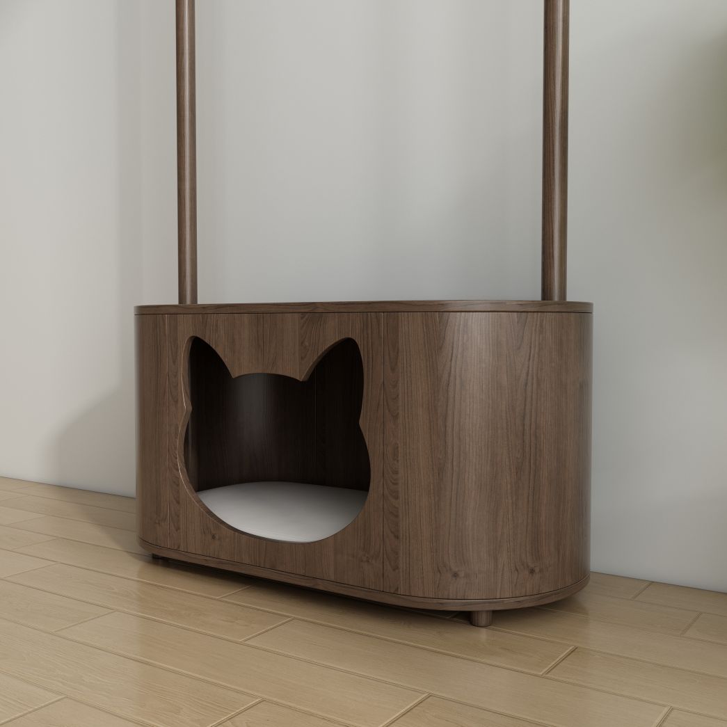 Walnut Cat Bed Coat Rack Combo with Cat-Sha ped Hideaway & Storage