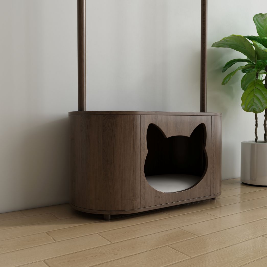 Walnut Cat Bed Coat Rack Combo with Cat-Sha ped Hideaway & Storage