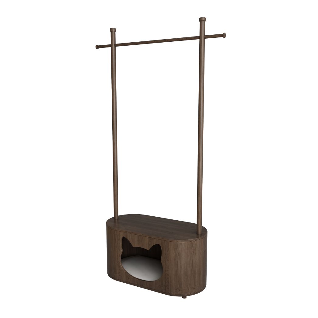 Walnut Cat Bed Coat Rack Combo with Cat-Sha ped Hideaway & Storage