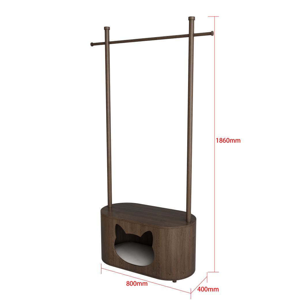 Walnut Cat Bed Coat Rack Combo with Cat-Sha ped Hideaway & Storage