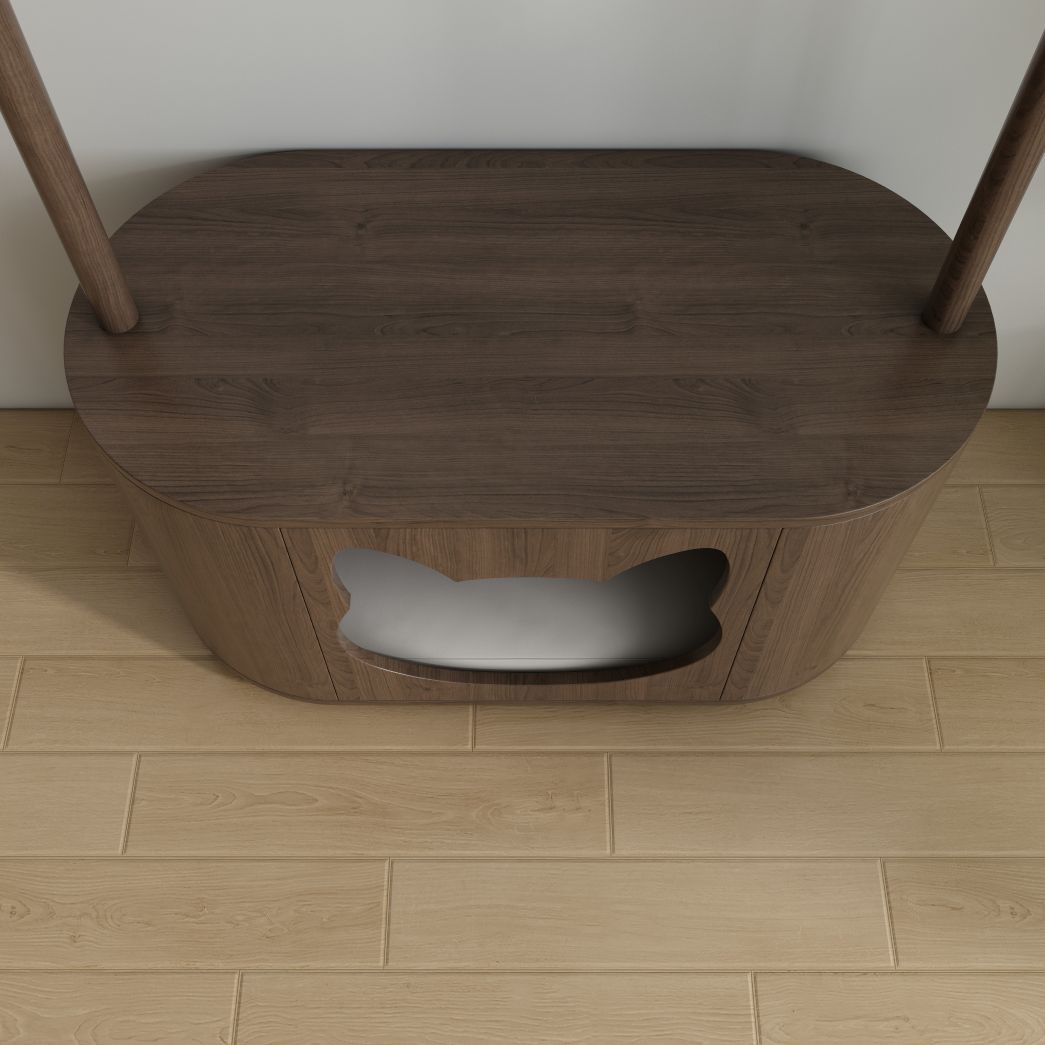Walnut Cat Bed Coat Rack Combo with Cat-Sha ped Hideaway & Storage