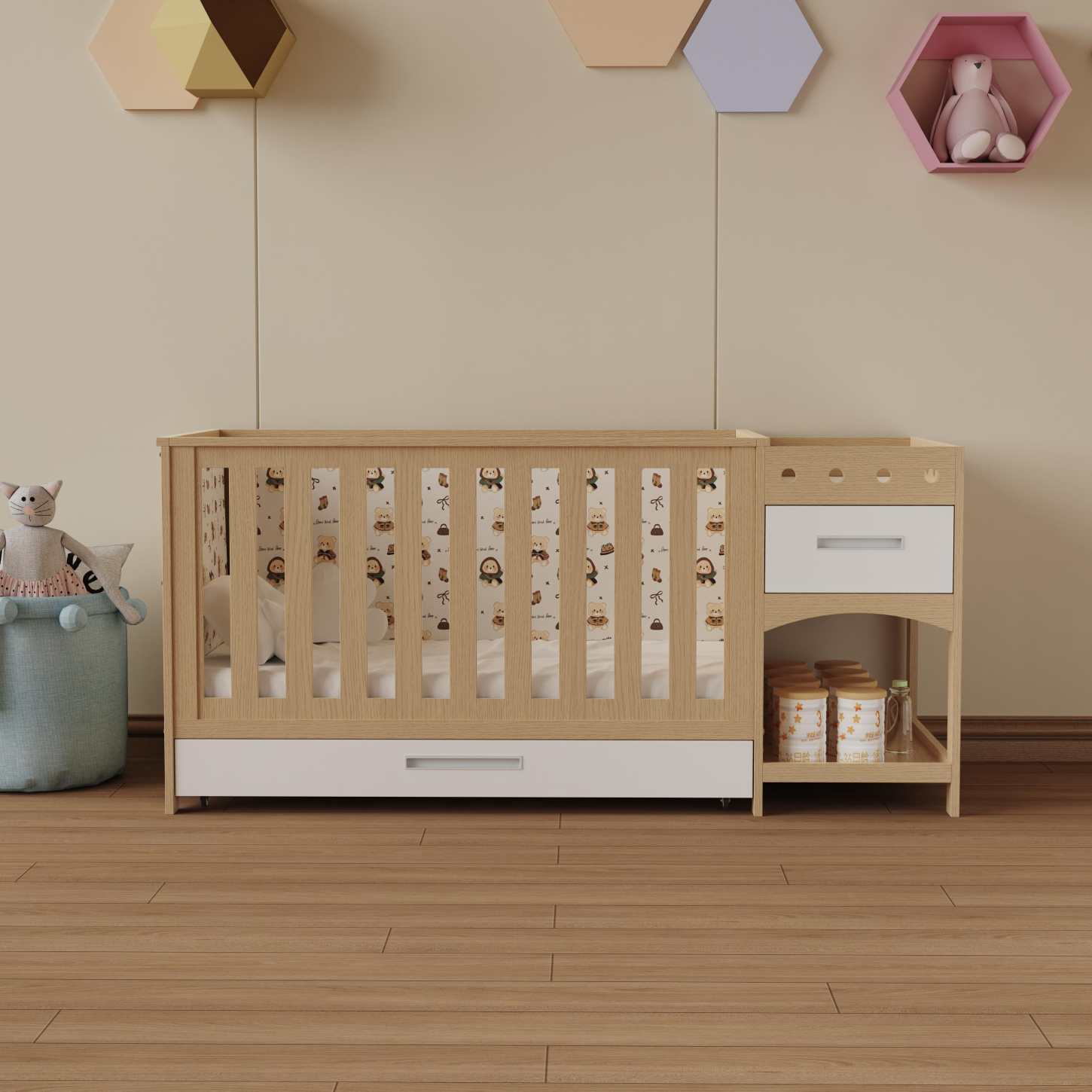 Multifunctional Wood Baby Crib with Changing Table & Storage Drawers Space Saver Nursery Bed