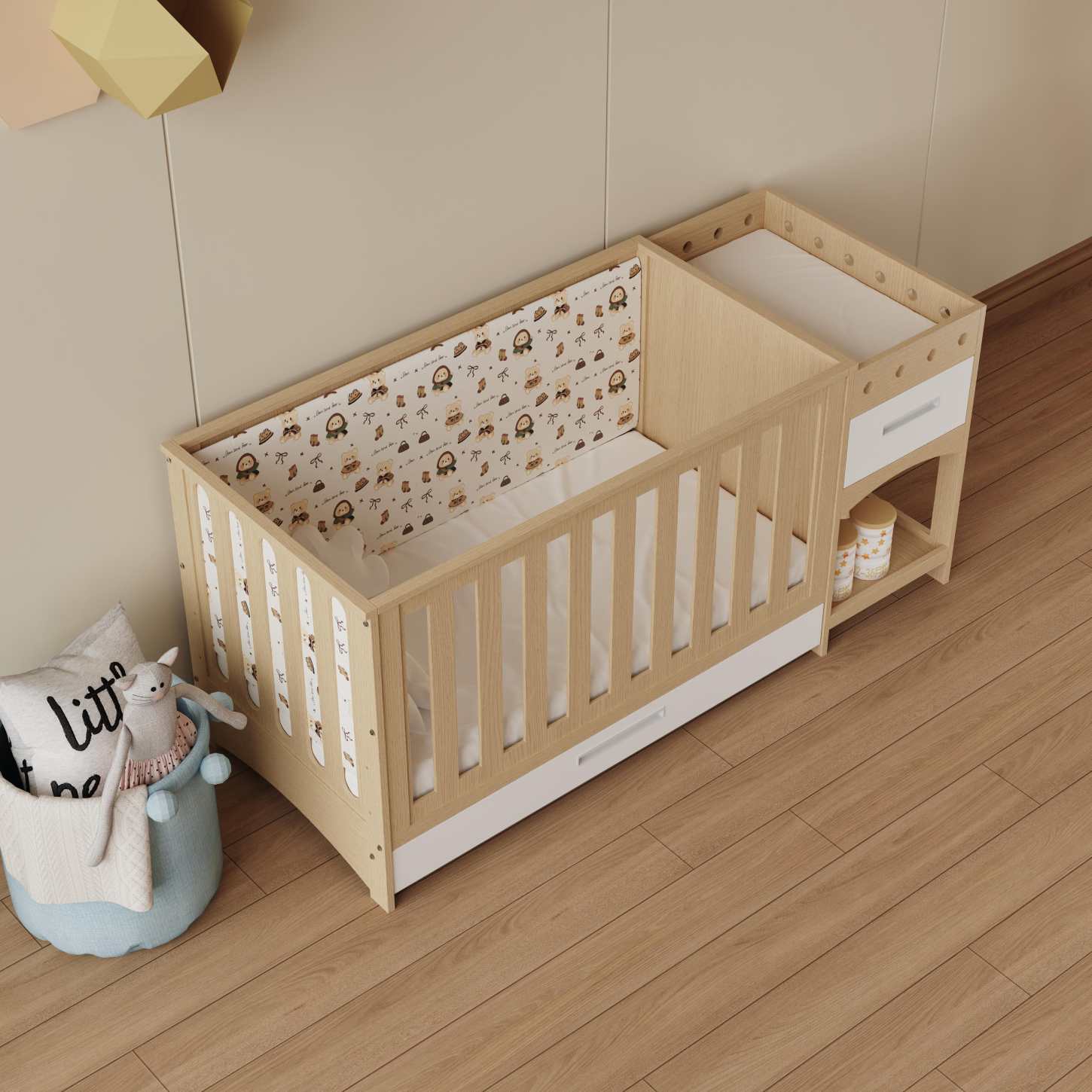 Multifunctional Wood Baby Crib with Changing Table & Storage Drawers Space Saver Nursery Bed