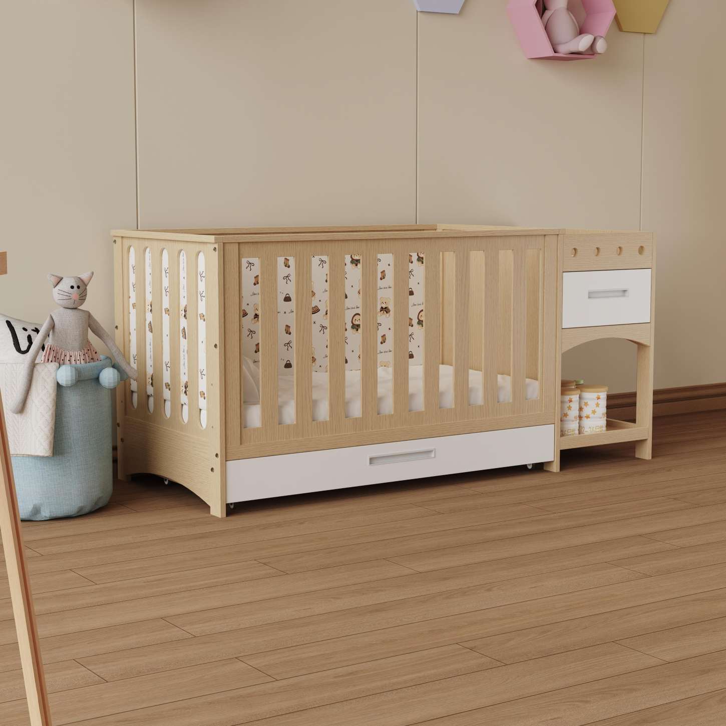 Multifunctional Wood Baby Crib with Changing Table & Storage Drawers Space Saver Nursery Bed
