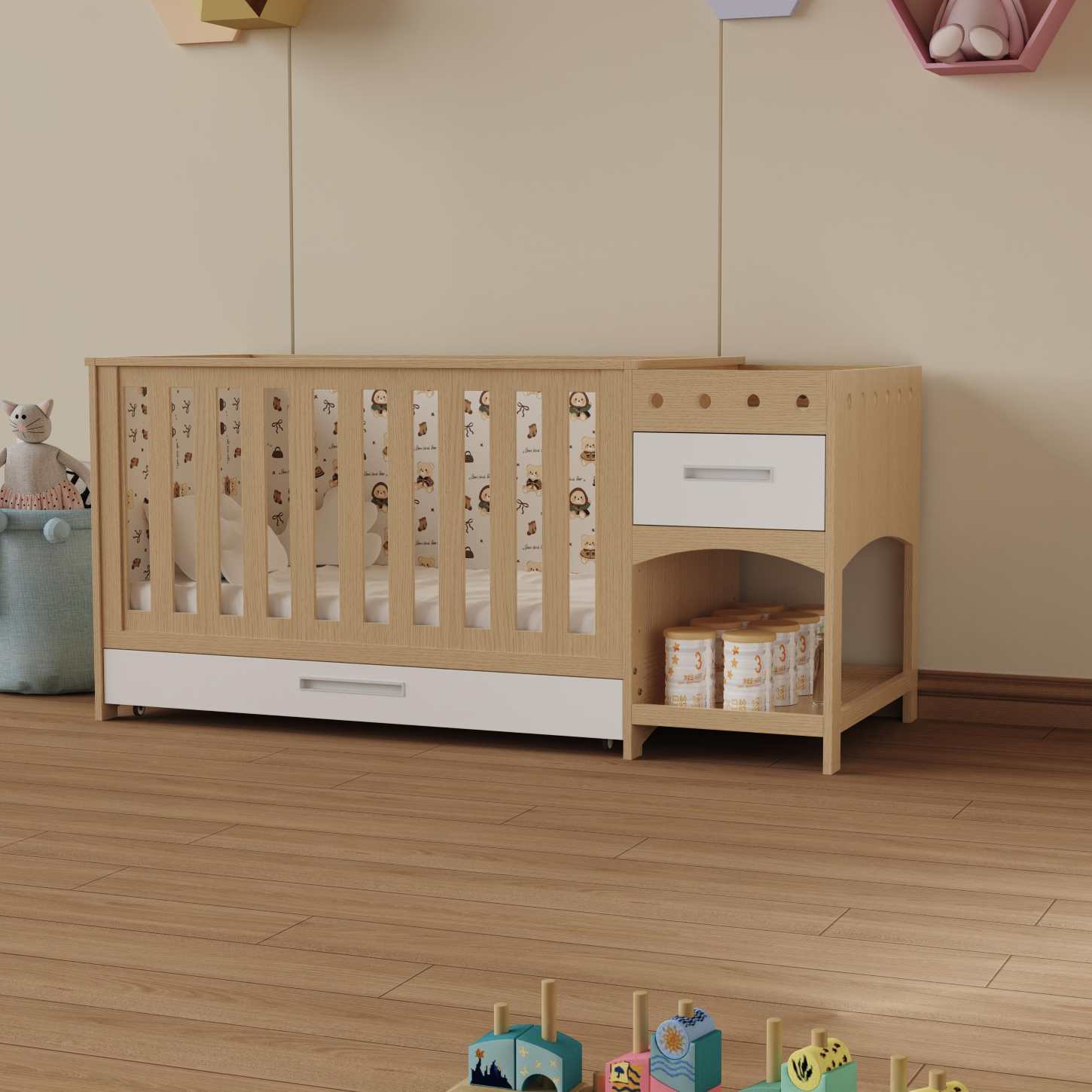 Multifunctional Wood Baby Crib with Changing Table & Storage Drawers Space Saver Nursery Bed