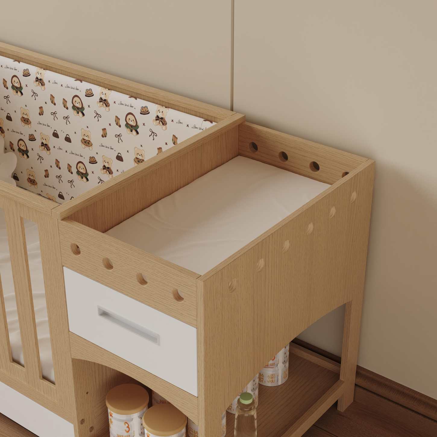 Multifunctional Wood Baby Crib with Changing Table & Storage Drawers Space Saver Nursery Bed