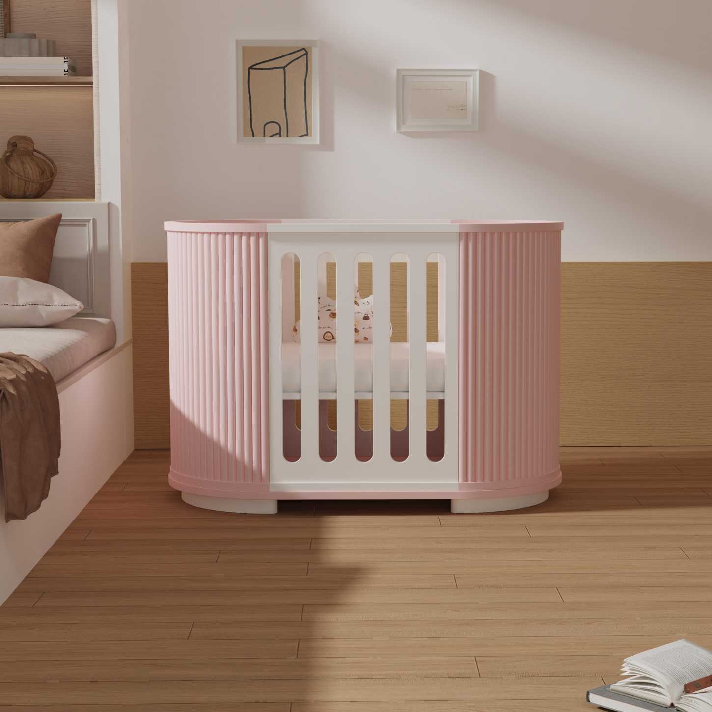 Round Pink Convertible Baby Crib Curved Striped Nursery Cot Space Saving Newborn Bed