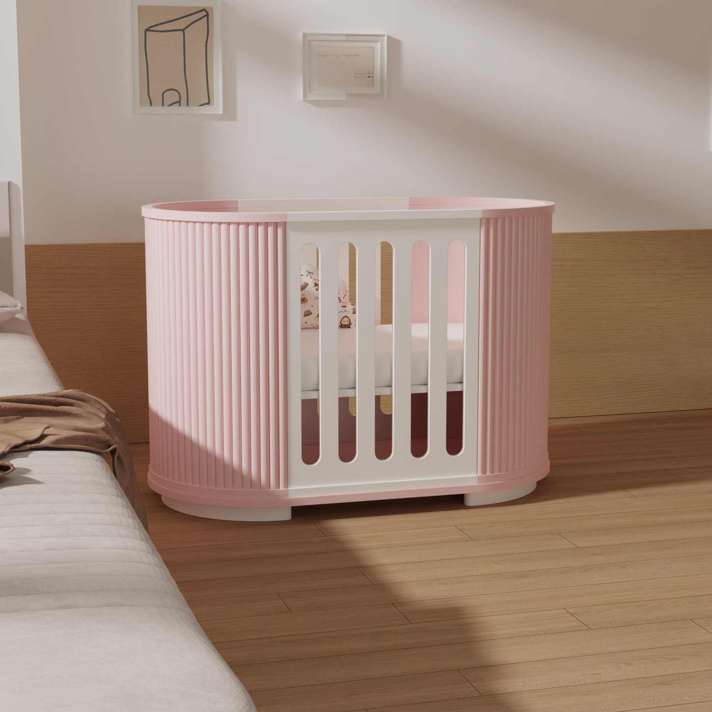 Round Pink Convertible Baby Crib Curved Striped Nursery Cot Space Saving Newborn Bed