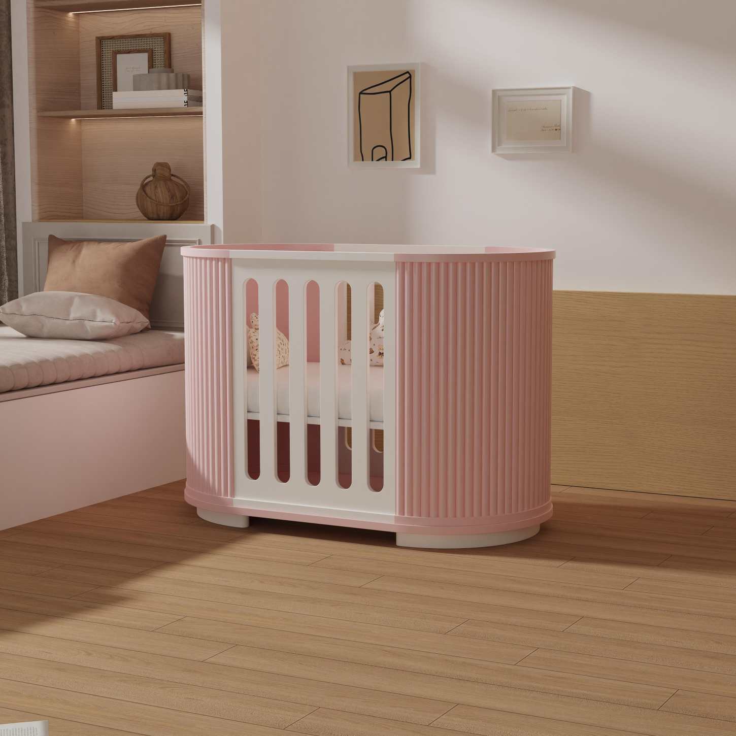 Round Pink Convertible Baby Crib Curved Striped Nursery Cot Space Saving Newborn Bed
