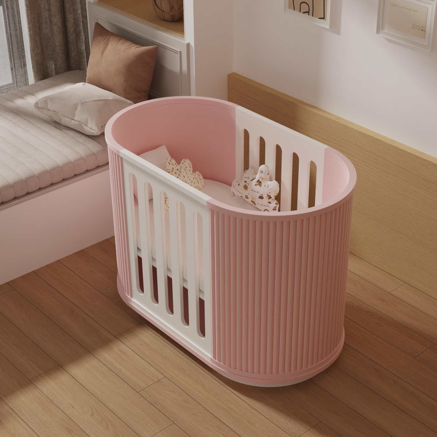 Round Pink Convertible Baby Crib Curved Striped Nursery Cot Space Saving Newborn Bed