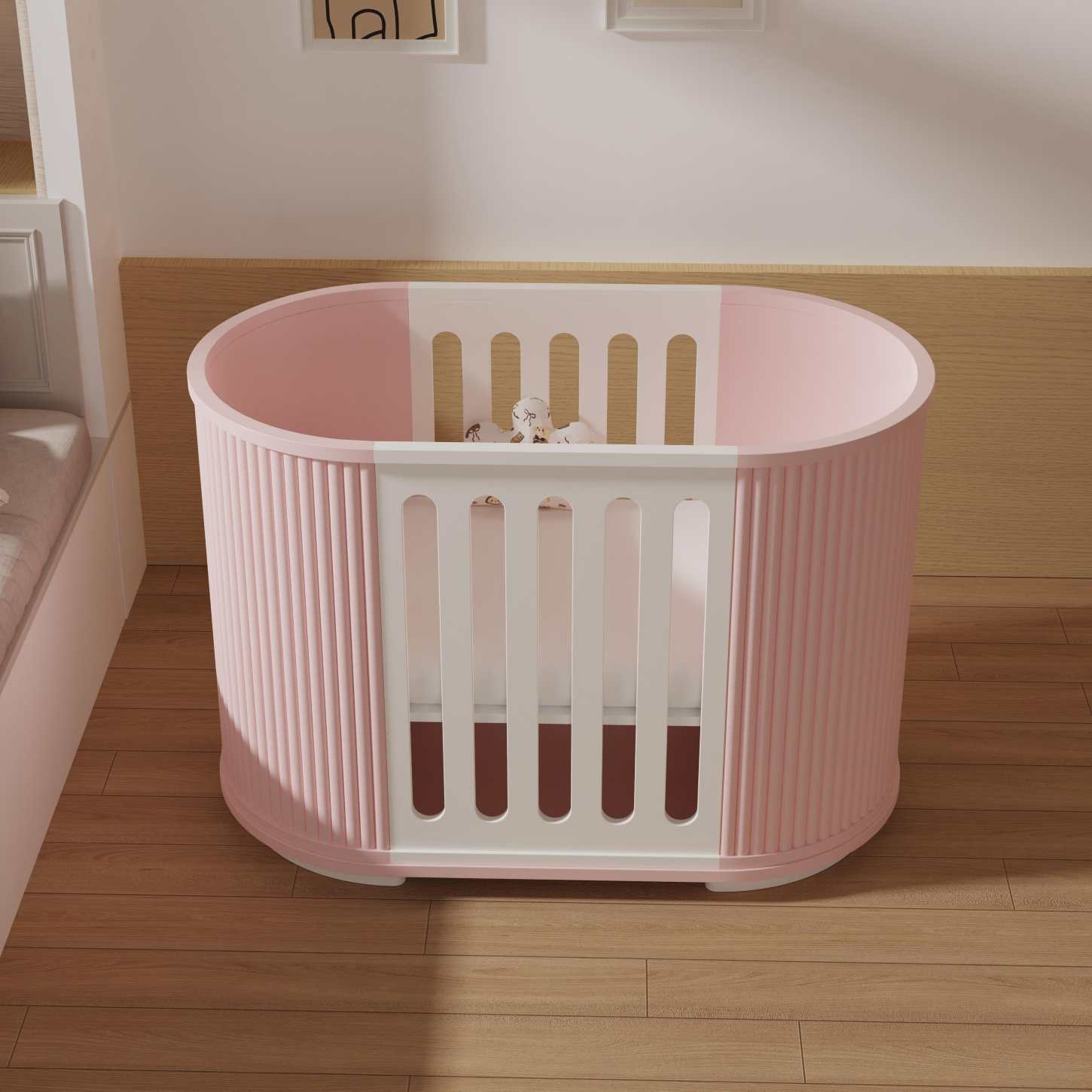 Round Pink Convertible Baby Crib Curved Striped Nursery Cot Space Saving Newborn Bed