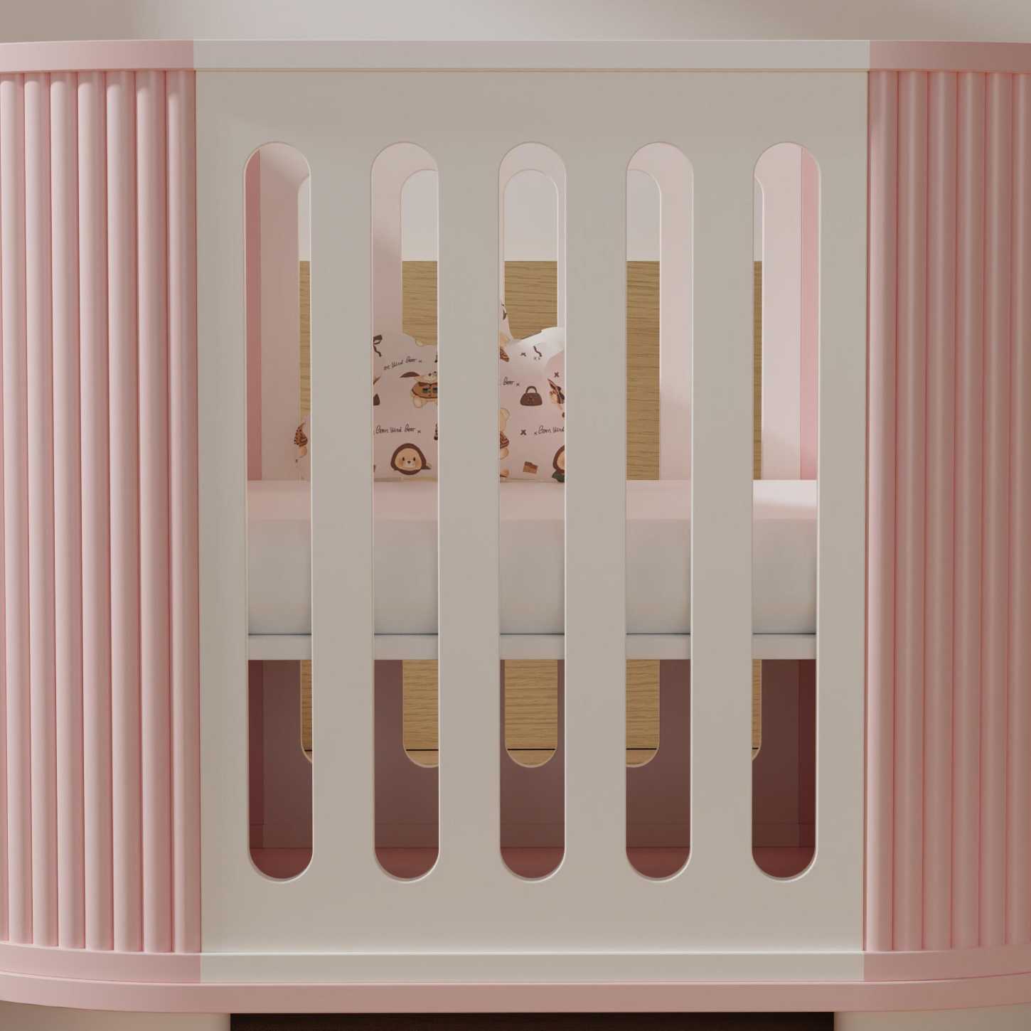 Round Pink Convertible Baby Crib Curved Striped Nursery Cot Space Saving Newborn Bed