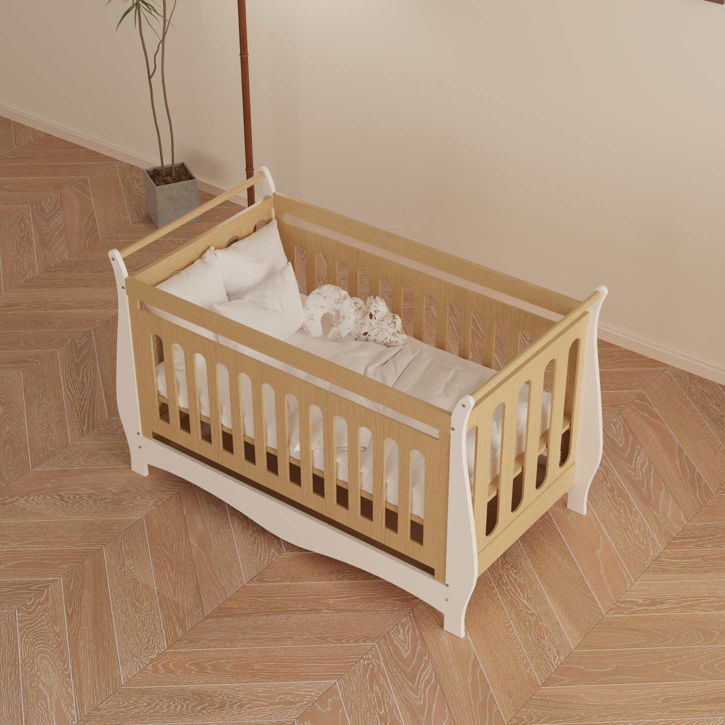 Two-Tone Wood Baby Crib Curved Sleigh Frame Safe Slat Nursery Cot Space Saving Bed
