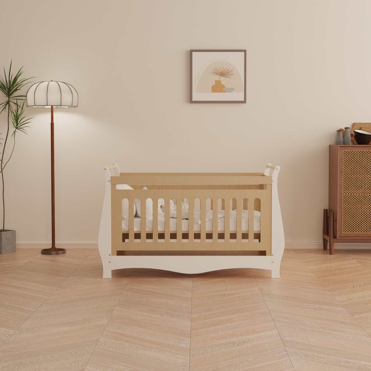 Two-Tone Wood Baby Crib Curved Sleigh Frame Safe Slat Nursery Cot Space Saving Bed