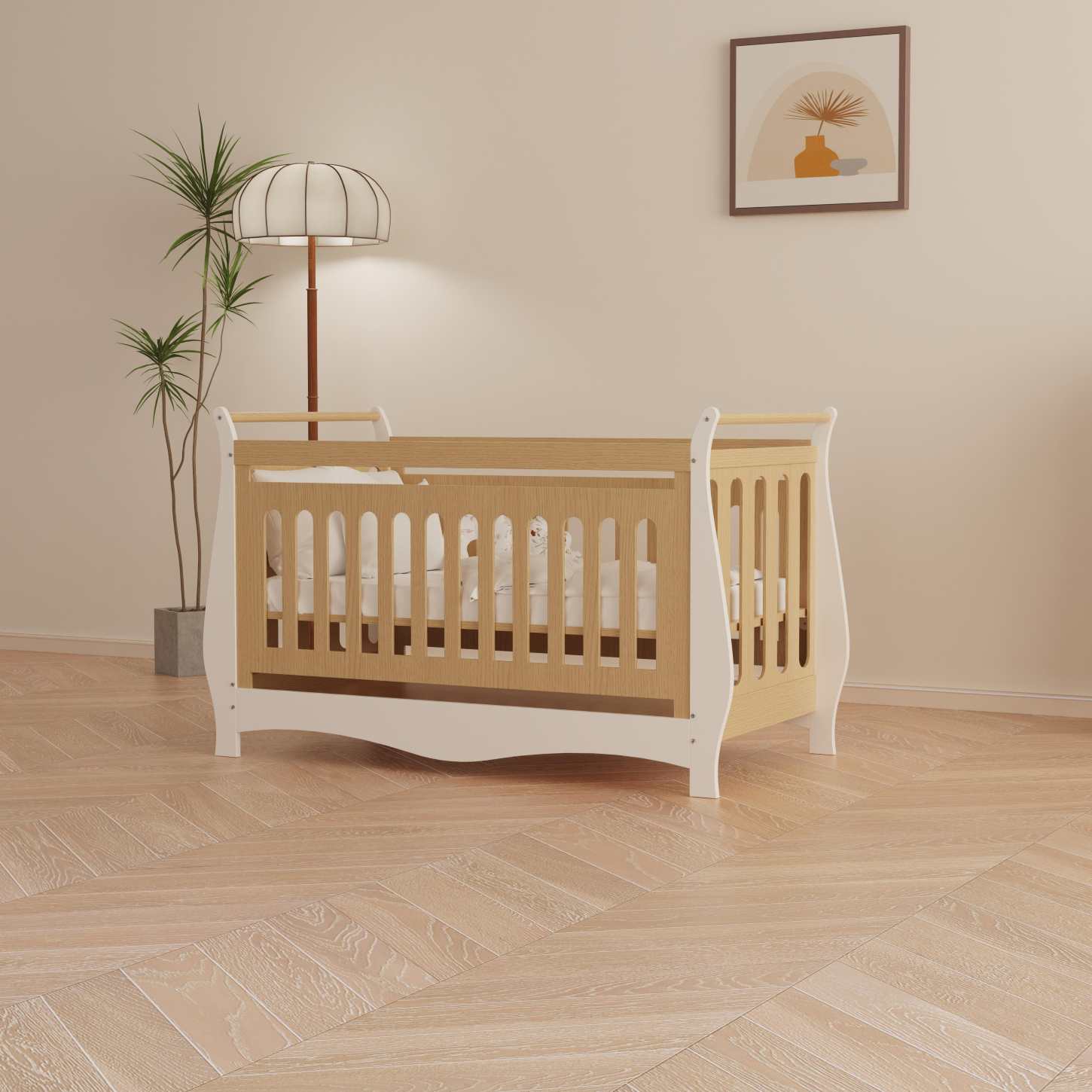 Two-Tone Wood Baby Crib Curved Sleigh Frame Safe Slat Nursery Cot Space Saving Bed