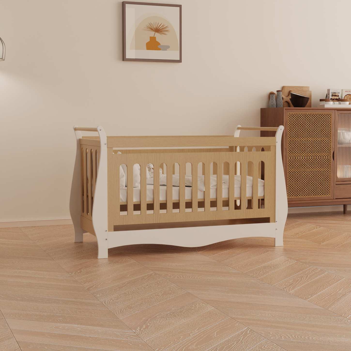 Two-Tone Wood Baby Crib Curved Sleigh Frame Safe Slat Nursery Cot Space Saving Bed