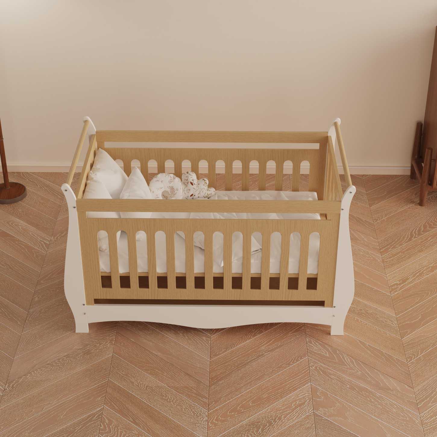 Two-Tone Wood Baby Crib Curved Sleigh Frame Safe Slat Nursery Cot Space Saving Bed