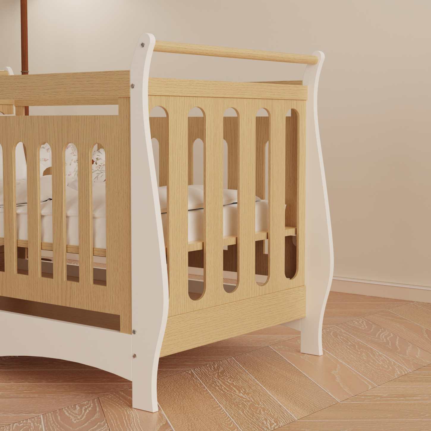 Two-Tone Wood Baby Crib Curved Sleigh Frame Safe Slat Nursery Cot Space Saving Bed