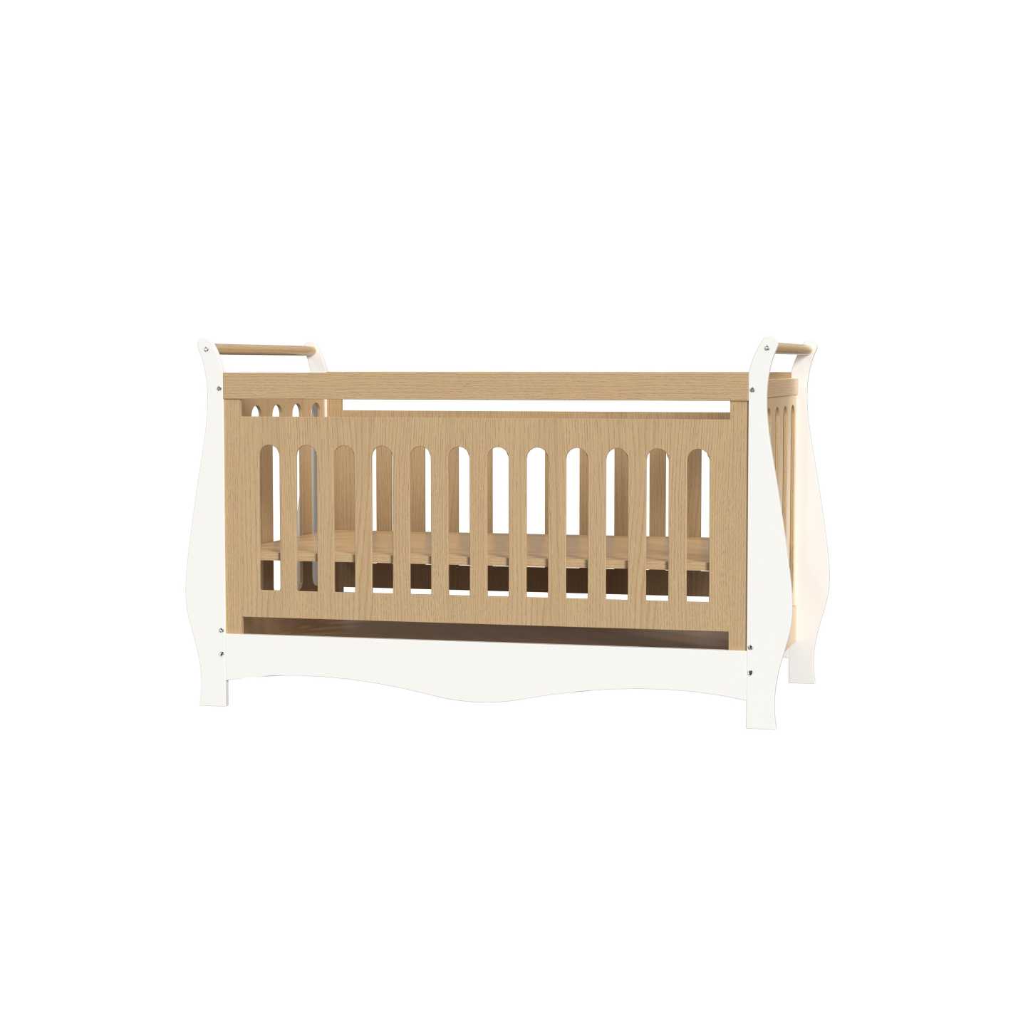 Two-Tone Wood Baby Crib Curved Sleigh Frame Safe Slat Nursery Cot Space Saving Bed