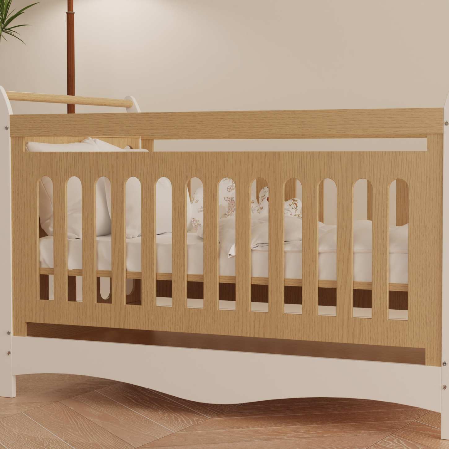 Two-Tone Wood Baby Crib Curved Sleigh Frame Safe Slat Nursery Cot Space Saving Bed