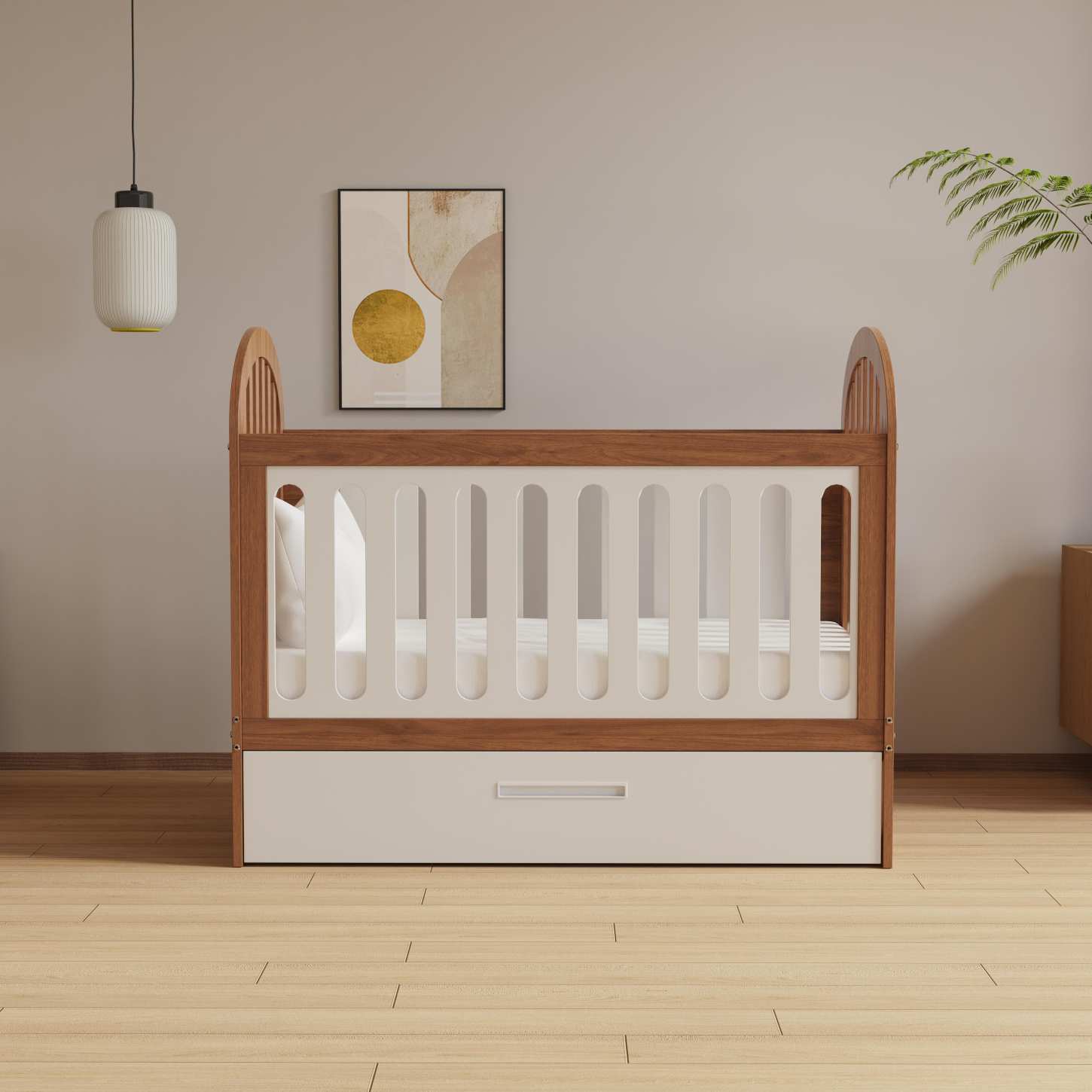 Two-Tone Wood Baby Crib with Under Storage Drawer Curved Arch Nursery Cot Space Saver Bed