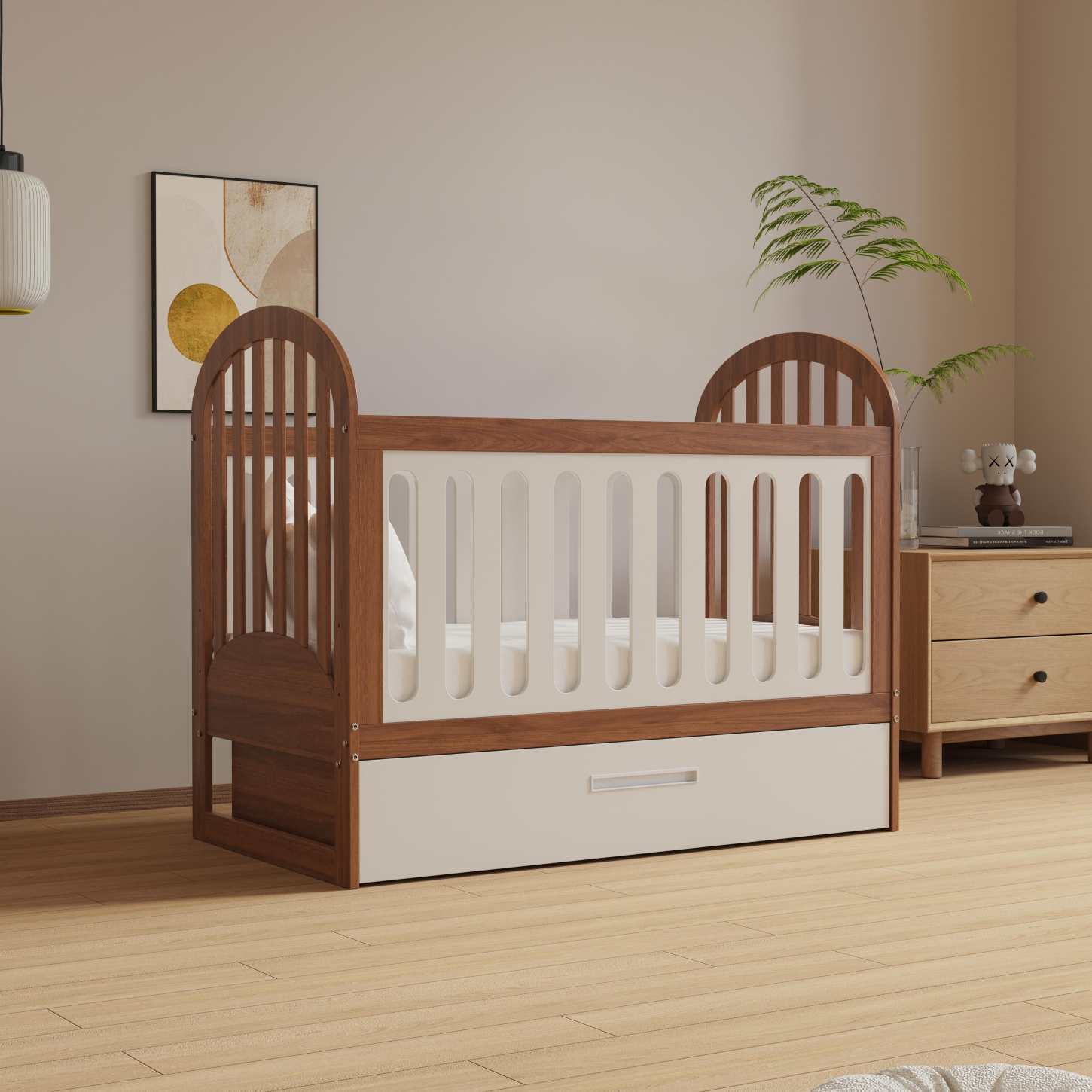 Two-Tone Wood Baby Crib with Under Storage Drawer Curved Arch Nursery Cot Space Saver Bed