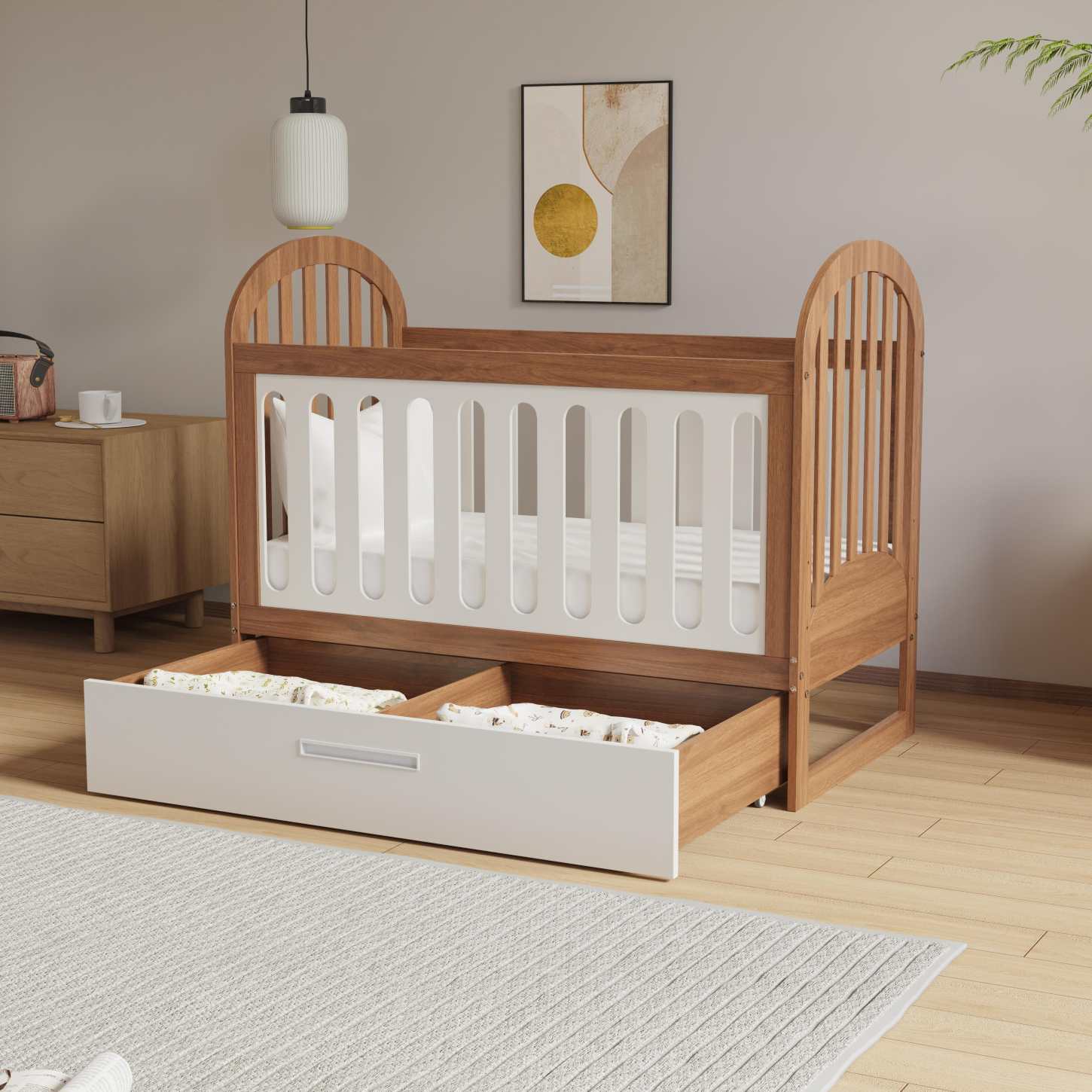 Two-Tone Wood Baby Crib with Under Storage Drawer Curved Arch Nursery Cot Space Saver Bed