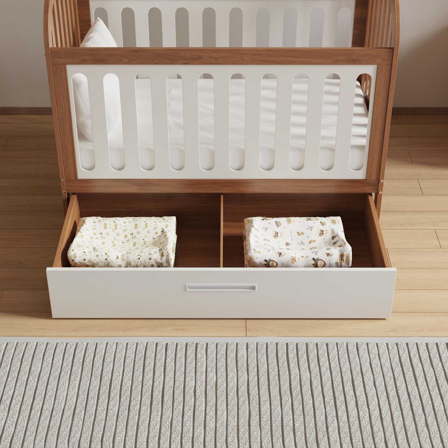 Two-Tone Wood Baby Crib with Under Storage Drawer Curved Arch Nursery Cot Space Saver Bed