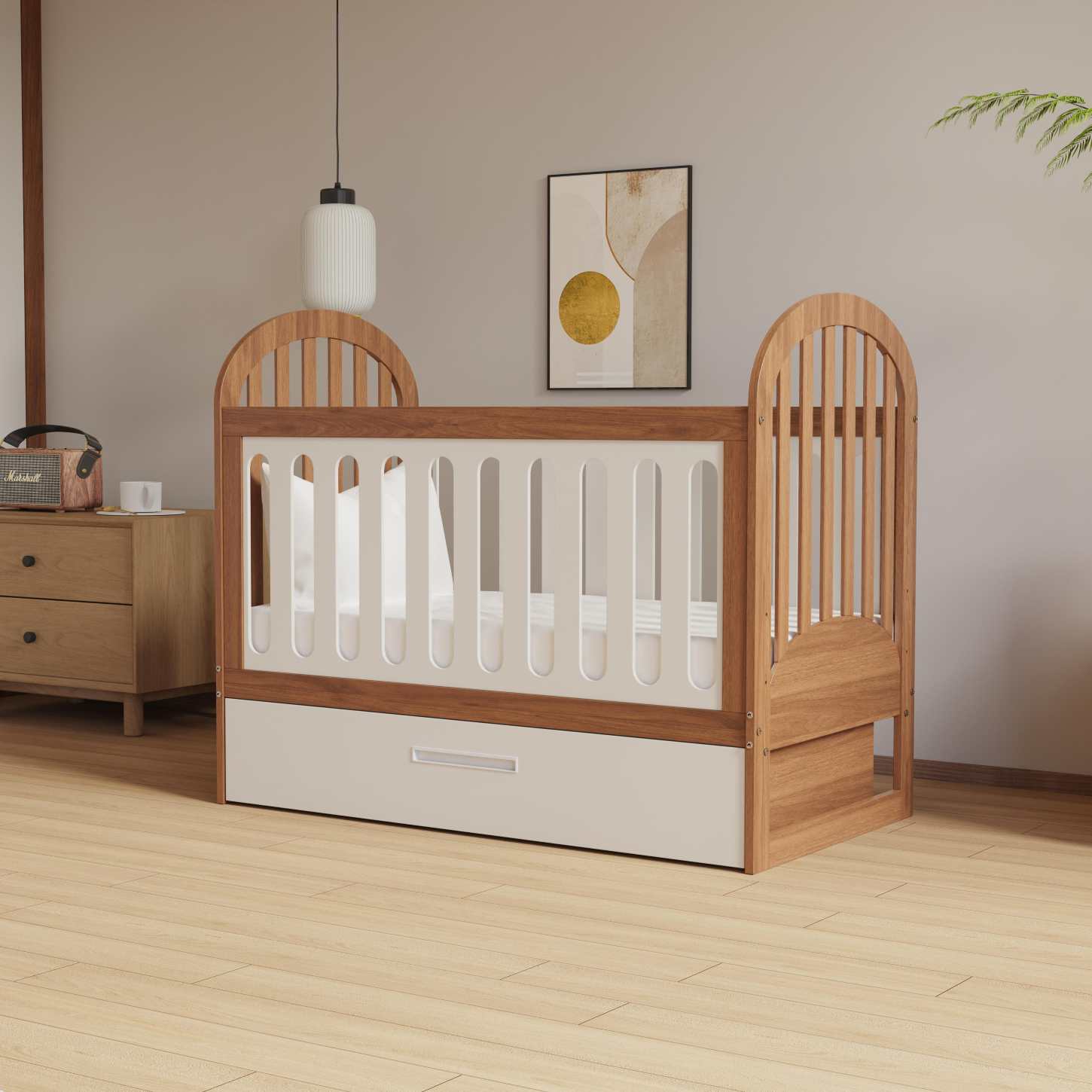 Two-Tone Wood Baby Crib with Under Storage Drawer Curved Arch Nursery Cot Space Saver Bed