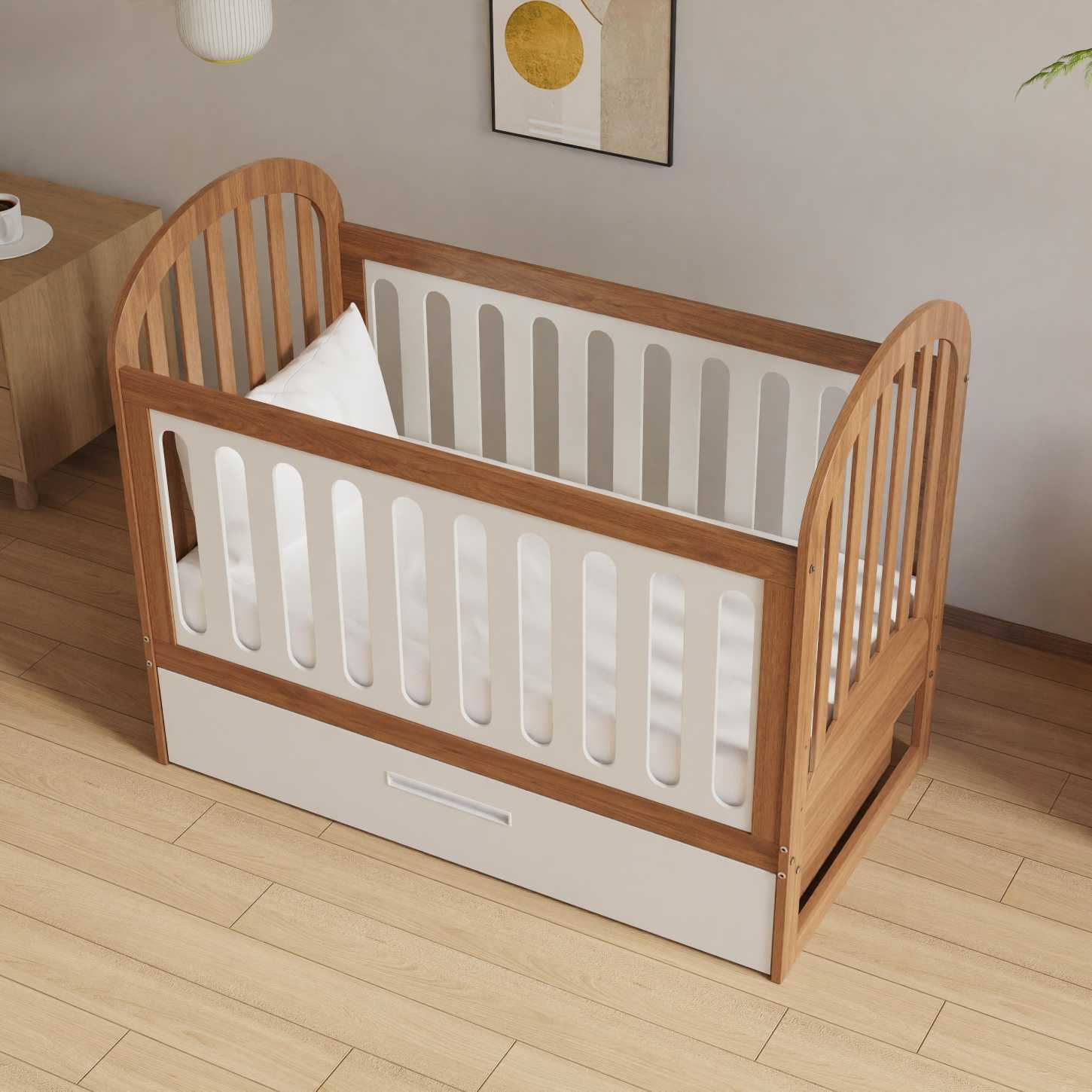 Two-Tone Wood Baby Crib with Under Storage Drawer Curved Arch Nursery Cot Space Saver Bed