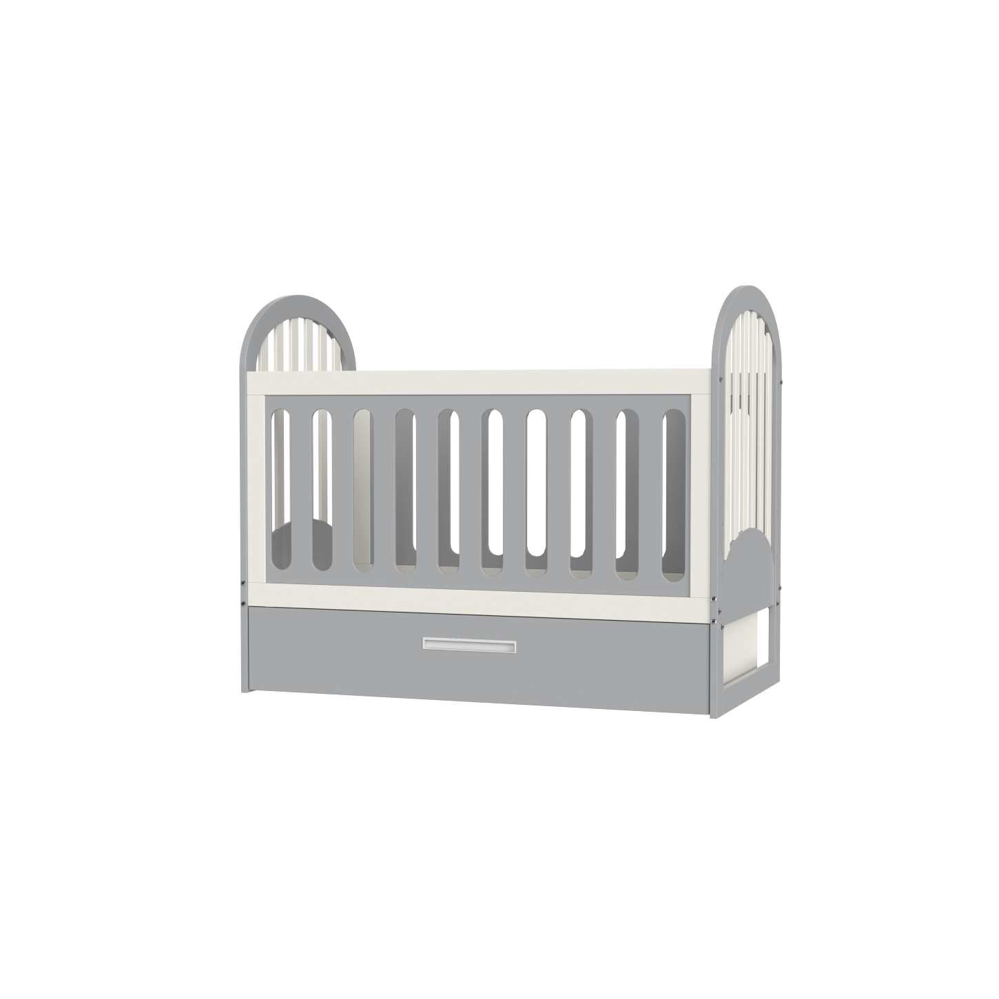 Two-Tone Wood Baby Crib with Under Storage Drawer Curved Arch Nursery Cot Space Saver Bed